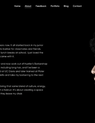 William Ferrer about page website design highlighting his personal story and barber brand in Pinole, California